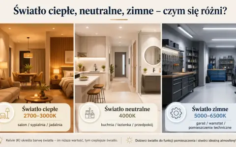Trzy wnętrza: salon z ciepłym światłem (2700-3000K), kuchnia z neutralnym (4000K) i warsztat z zimnym (5000-6500K). Temperatura światła dziennego wpływa na atmosferę.