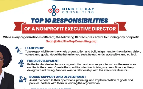 An executive director leads a nonprofit, focusing on leadership, fund development, and board support.