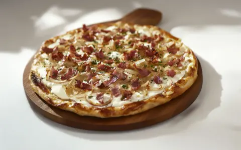 Flammekueche garnie d'oignons et de lardons, un accompagnement parfait pour un repas convivial.