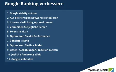 Tipps zur Verbesserung des Google Rankings, inklusive Video SEO. Liste mit 11 Punkten, von Keywords bis zur Bildoptimierung.