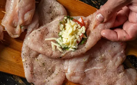 Ręce zwijają soczyste roladki z kurczaka z piekarnika, nadziewane serem i ziołami.
