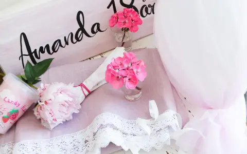 En rosa dukning för Amanda 18 år med blommor, godis och tyll.