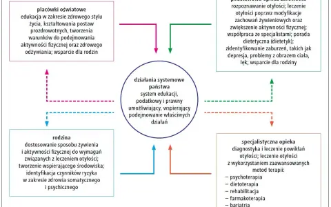 Schemat przedstawia systemowe działania państwa w walce z otyłością (ICD-10), obejmujące edukację, opiekę zdrowotną i wsparcie rodziny.
