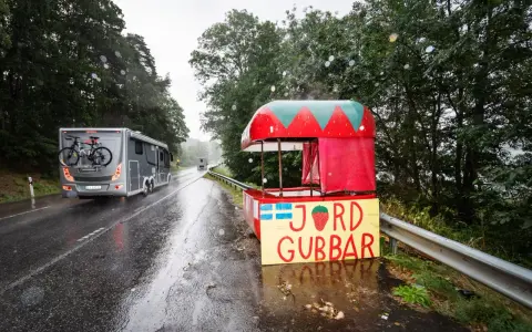 Regnig dag vid vägkanten med en jordgubbsförsäljning. Husbilen passerar, kanske på väg till sommarstugan under fruntimmersveckan, som bondepraktikan säger.
