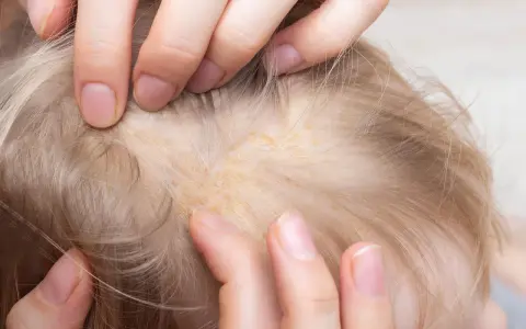 Manos separan el cabello rubio de un bebé, revelando escamas amarillentas en el cuero cabelludo, similar a la caspa en las orejas.