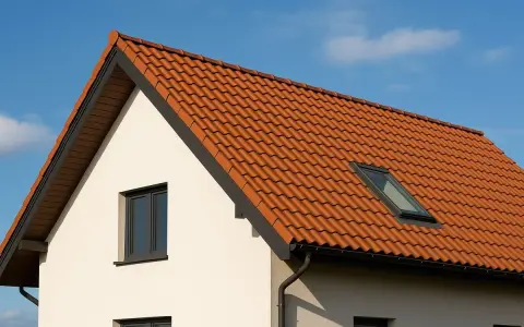 Nowy dom z czerwoną dachówką i oknem dachowym. Solidna konstrukcja dachu dwuspadowego chroni przed deszczem.