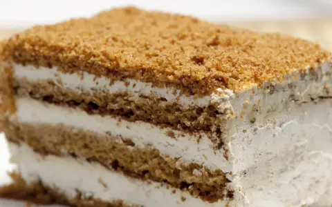Tranche de gâteau aux couches de biscuit et de crème, saupoudrée de miettes.
