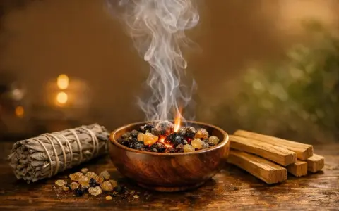Humo ascendente de resinas en un cuenco de madera, junto a un atado de salvia y palos de palo santo. Aprende como leer el humo del palo santo.