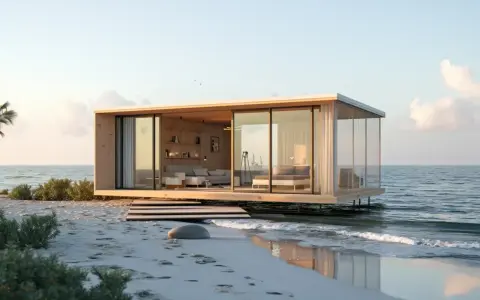 Nowoczesny dom z kontenerów na plaży, z przeszklonymi ścianami i widokiem na morze. Idealne miejsce na relaks.