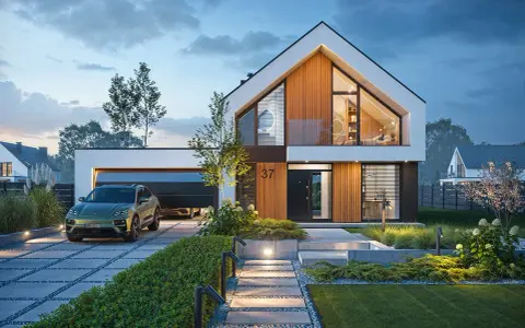 Nowoczesny projekt domu 40m2 z poddaszem, z garażem i zielonym SUV-em na podjeździe. Elegancka bryła z drewnianymi akcentami.