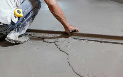 Obrero con botas y cinta métrica trabajando en como nivelar un suelo de cemento con una regla de albañil.