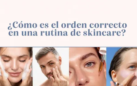 Cuatro personas mostrando pasos de una rutina skincare: limpieza, aplicación de crema, sérum y protector solar.