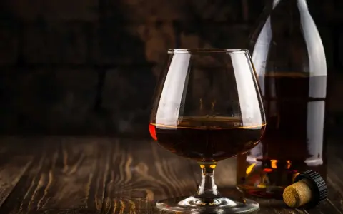 Kieliszek brandy obok butelki i korka na drewnianym stole.