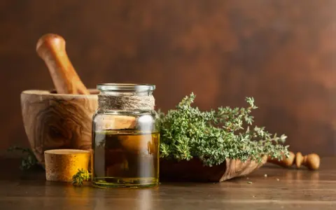Olio essenziale timo proprietà: un flacone di vetro con olio dorato, un mortaio di legno e rametti di timo fresco.