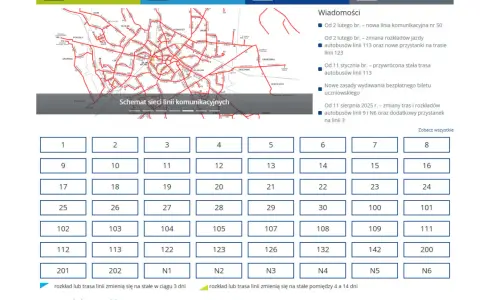 Schemat sieci komunikacyjnej z widocznym rozkładem jazdy linii 50. Dostępne są numery linii od 1 do 202 oraz linie N1-N6.