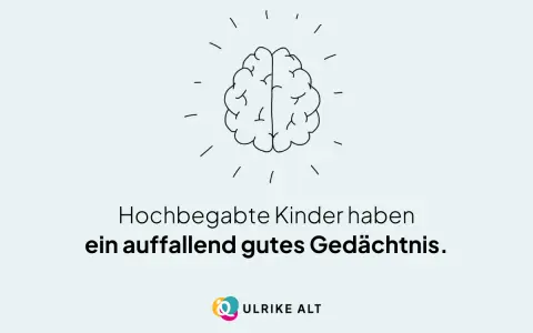 Ein Gehirn-Symbol über dem Text "Hochbegabte Kinder haben ein auffallend gutes Gedächtnis." Dies könnte Teil eines hochbegabte Kinder Tests sein.