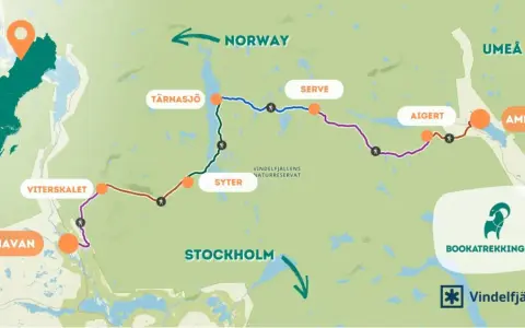 Karta över kungsleden etapper från Hemavan till Ammarnäs, med platser som Viterkalet, Syter, Tärnasjö, Serve och Aigert.