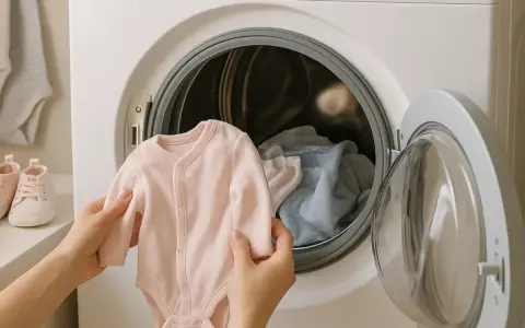 Manos sostienen un mameluco rosa para bebé, listo para meterlo en la lavadora. Aprende cómo lavar ropa de bebé fácilmente.
