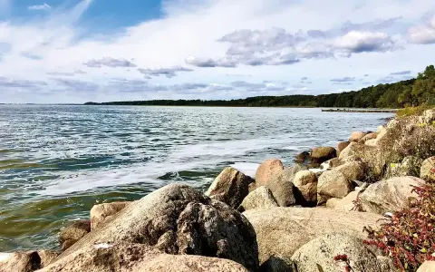 Felsen am kamminke strand mit Blick auf das ruhige Wasser und den grünen Wald am Horizont unter einem bewölkten Himmel.