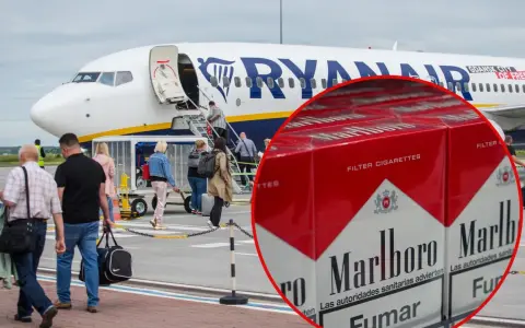 Pasażerowie wsiadają do samolotu Ryanair. W tle zbliżenie na paczki papierosów Marlboro, sugerujące pytanie: czy można mieć papierosy w bagażu podręcznym?