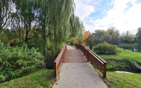 Drewniany mostek nad strumieniem, otoczony płaczącymi wierzbami i zielenią, tworzy urokliwe, romantyczne miejsca w Kaliszu.