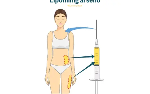 Illustrazione del lipofilling al seno: grasso prelevato da addome e cosce viene iniettato per aumentare il volume del seno.