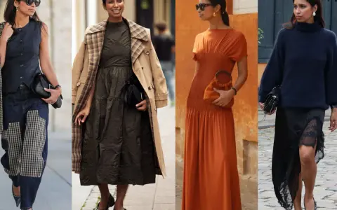 Vier Outfits im copenhagen style: Jeans mit Karomuster, olivgrünes Kleid mit Trenchcoat, orangefarbenes Maxikleid und schwarzer Rollkragenpullover mit Spitzenrock.