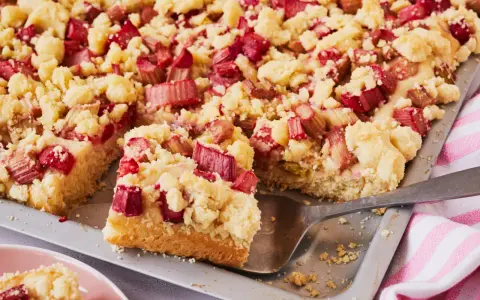 Saftiger Rhabarberkuchen mit Streuseln auf Hefeteig, frisch aus dem Blech geschnitten.