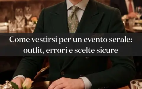 Uomo con giacca verde scuro e cravatta a rombi, perfetto per un dress code elegante serale.