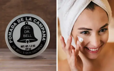Pomada Dr. Bell's, la crema la campana, aplicada en el rostro de una mujer sonriente con toalla en la cabeza.