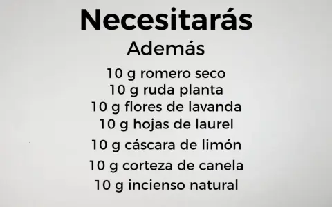 Lista de ingredientes para como hacer un sahumerio: romero, ruda, lavanda, laurel, limón, canela e incienso.