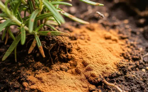 Polvo de canela para las plantas, aplicado cerca de las raíces de un romero. Un pequeño insecto se acerca.