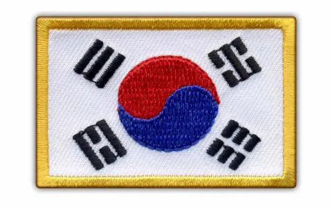 Naszywka z flagą Korei Południowej. Białe tło, czerwono-niebieski symbol yin-yang i czarne trygramy.