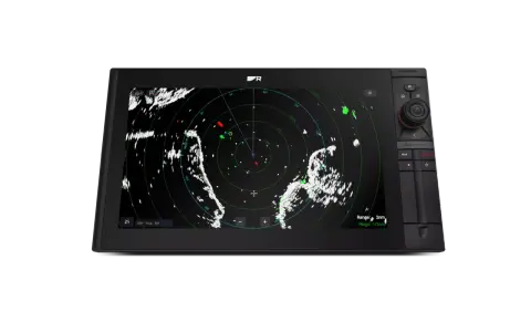 Écran de radar maritime affichant des échos blancs et verts, avec des cibles rouges. La portée est de 2 milles nautiques.