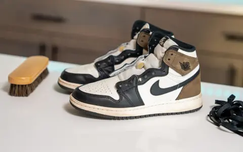 Para zadbane buty Nike Air Jordan 1 czeka na czyszczenie. Szczotka i sznurówki gotowe do akcji.