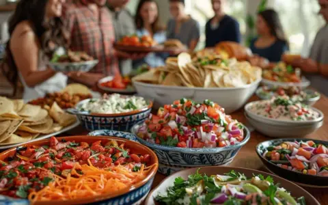 Un joyeux repas à partager entre amis, avec une table débordant de tortillas, de guacamole, de salsa et d'autres délices.