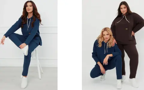 Trzy kobiety prezentują sportowa elegancja stylizacje w granatowych i brązowych dresach.