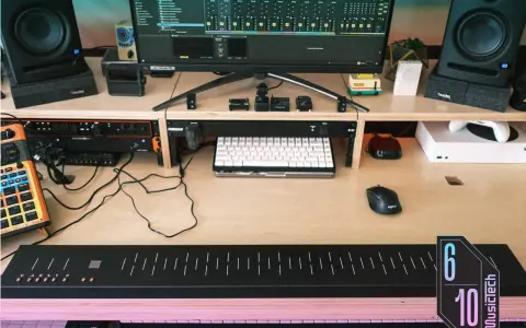 Stacja robocza do produkcji muzyki z monitorami, klawiaturami i kontrolerami. To idealne miejsce do tworzenia dźwięków w Soma Laboratory.