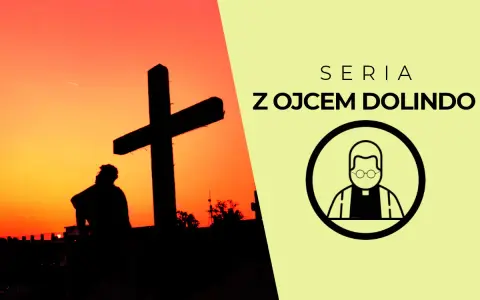 Zachód słońca za krzyżem, obok symbol księdza. Seria z Ojcem Dolindo.