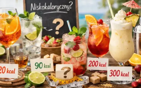 Kolorowe drinki z owocami i miętą, z etykietami kaloryczności. Czy to niskokaloryczny pornstar martini?
