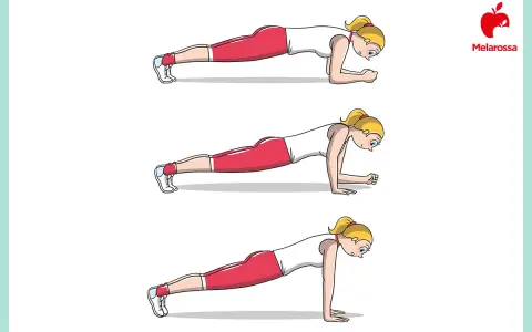 Illustrazione di una donna che esegue diversi tipi di plank: sul gomito, con mani a terra e in posizione alta.
