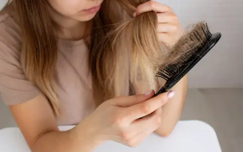 Donna preoccupata guarda i capelli persi sul pettine, chiedendosi perché perdo capelli.