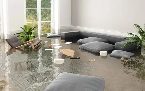 Un salon inondé, un fauteuil renversé, des coussins flottants. Que faire en cas de dégât des eaux ?