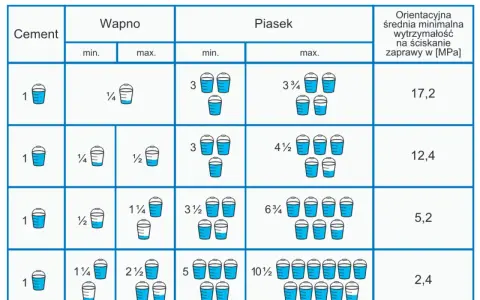 Tabela pokazuje proporcje objętościowe zaprawy murarskiej: cement, wapno i piasek. Różne proporcje dają różną wytrzymałość zaprawy.