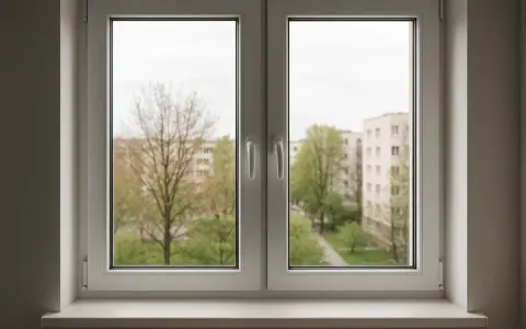 Ventana doble de PVC con vista a edificios y árboles. Cumple la normativa de ventanas para viviendas, ofreciendo aislamiento y seguridad.