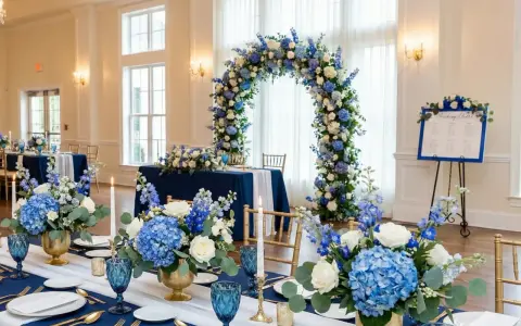 Elegancka sala weselna z niebieskim jako kolorem przewodnim. Dekoracje z niebieskich i białych kwiatów, złote wazony i świece tworzą romantyczną atmosferę.