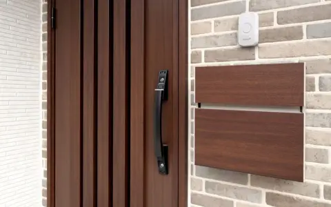 Puerta de madera oscura con tirador negro, buzón de madera y un timbre blanco. Varios tipos de timbre se pueden ver en la pared de ladrillos.