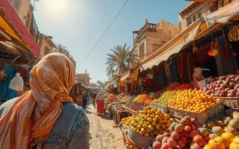 Photographie de voyage d'un marché animé, rempli de fruits colorés et de tissus. Une femme voilée observe la scène.