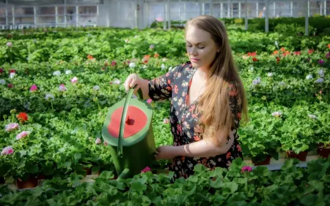 Kvinna vattnar blommor i ett växthus. Hon håller en grön vattenkanna och ger guldvatten inomhus till de frodiga plantorna.
