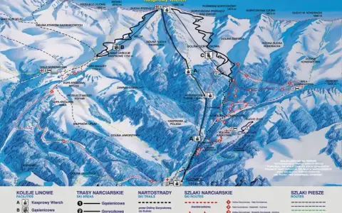 Mapa Tatr z zaznaczonymi szlakami z Kasprowego Wierchu, trasami narciarskimi i pieszymi.